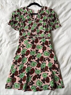 Sandro Pink Mini Dress with Green Floral & Brown Accents
